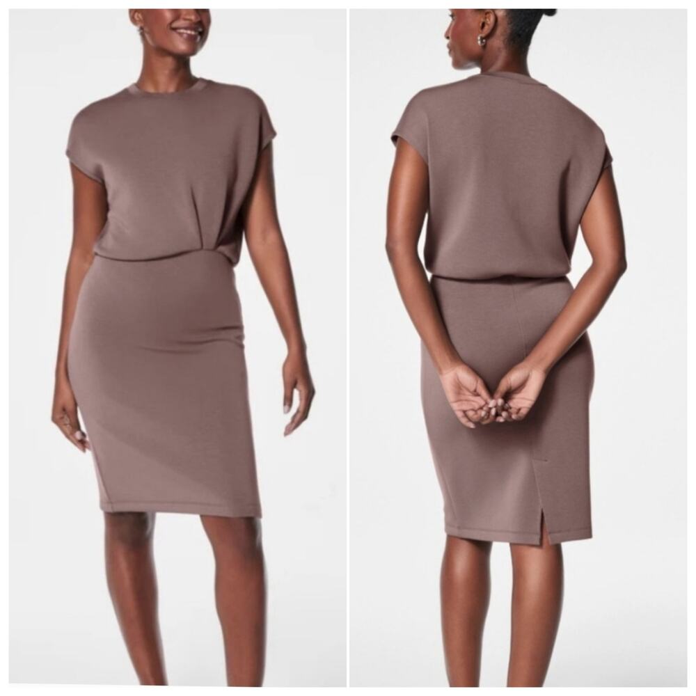 Spanx Air Essentials Gathered Waist Sweatshirt Dress Tan Size M Cap Sleeve